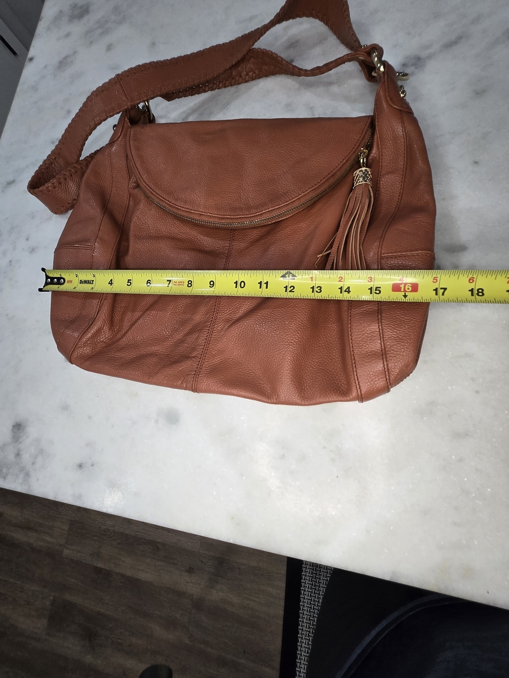 Genuine Leather Tassel Shoulder Hobo Bag in Cognac Tan - Picture 8 of 9
